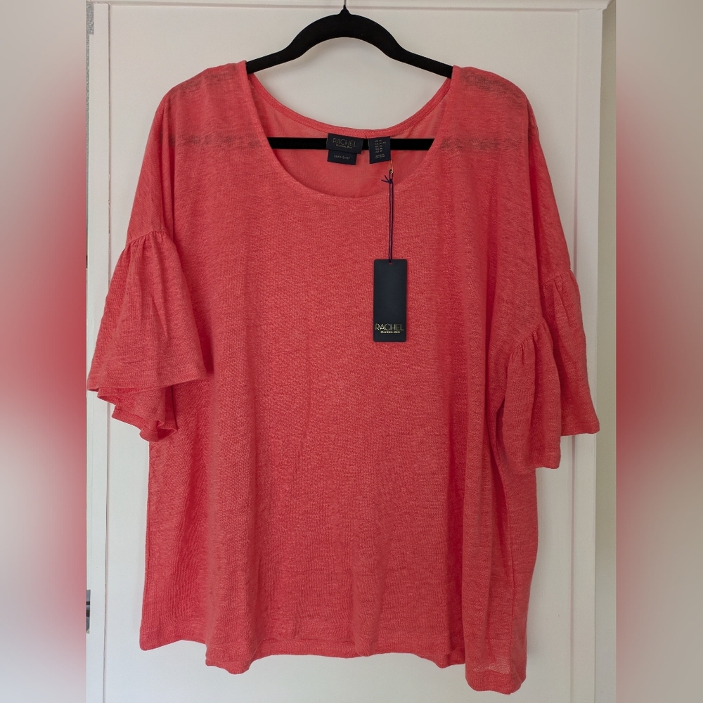 100% Linen NWT Coral Rachel Roy Ruffle Sleeve Top, XL